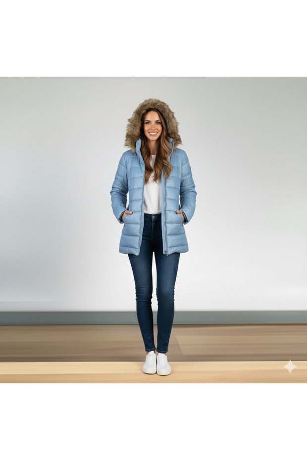 Women's Hooded Fur Coat with Front Zipper