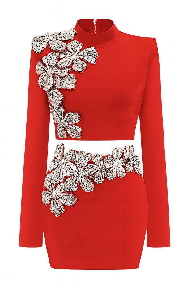 Kadın Dekolteli Parıltılı Çiçek Aplikeli Mini Abiye Takım Parti Mezuniyet After Parti Gece Elbisesi - 1