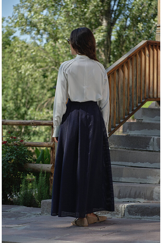 Organze Lacivert Çift Pile Etek - 5