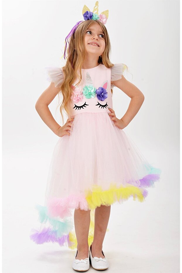 Unicorn Pembe Kuyruk Detaylı Gökkuşağı Taçlı Kız Çocuk Parti Elbisesi - 5