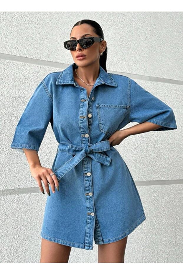 KADIN MAVİ KUŞAKLI TEK CEP KISA KOT ELBİSE - 1