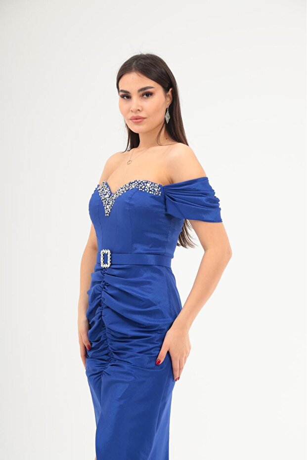 Straplez Yaka Taş İşlemeli Dekolteli Yırtmaçlı Uzun Abiye Elbise / Özel Davet Nişan Elbisesi - 7