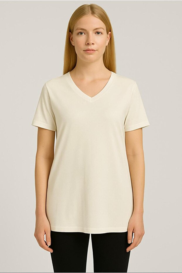 Women's Cream Short Sleeve Cotton Oversize Comfortable Cut T-Shirt-D804-K