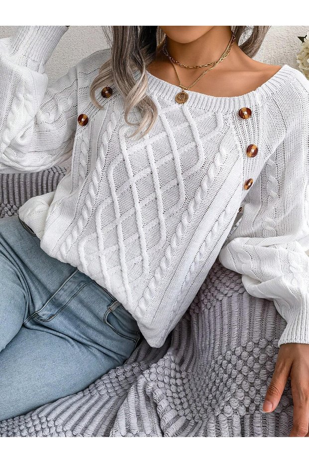 Women's Boat Neck Hair Knit Patterned Button Detailed White Knitwear Sweater