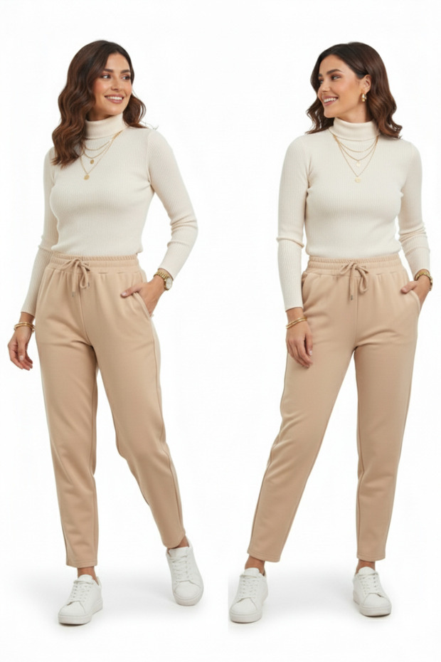 Women's Stretchy Fabric Carrot Leg Loose Knitted Scuba Ecru Baggy Trousers