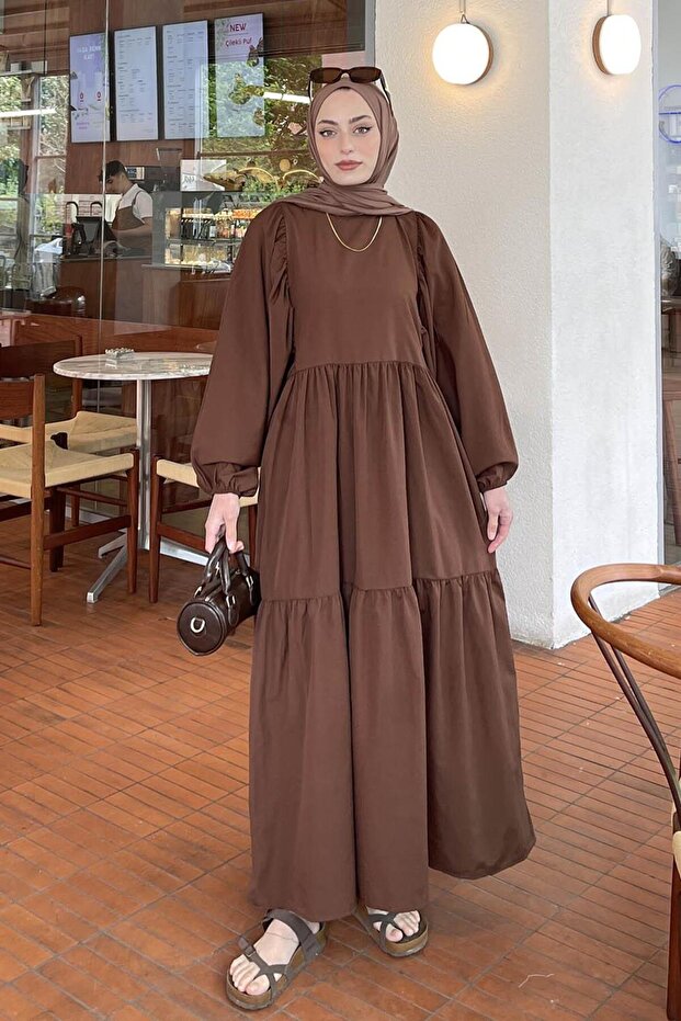 Balloon Sleeve Layered Summer Dress Bitter Brown