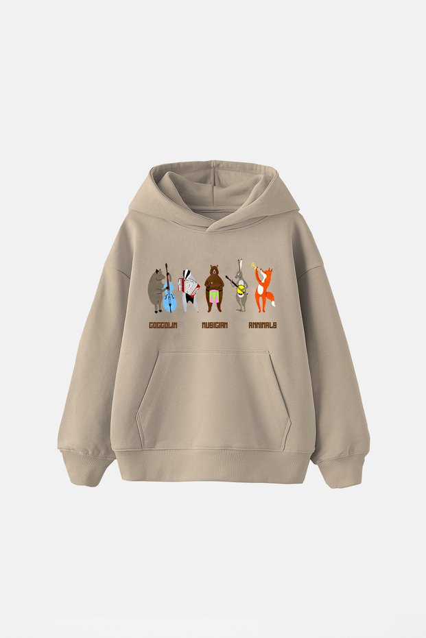 Children's Unisex Musician Animals Printed Fleece Lined Hooded Sweatshirt