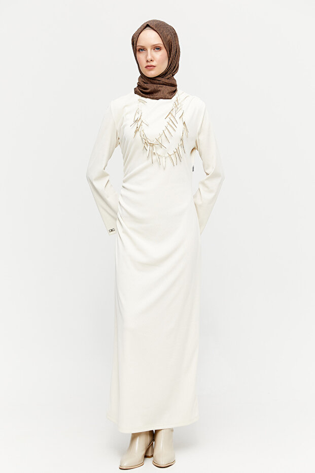 Çıkarılabilir Kolyeli Drapeli Elbise - 1