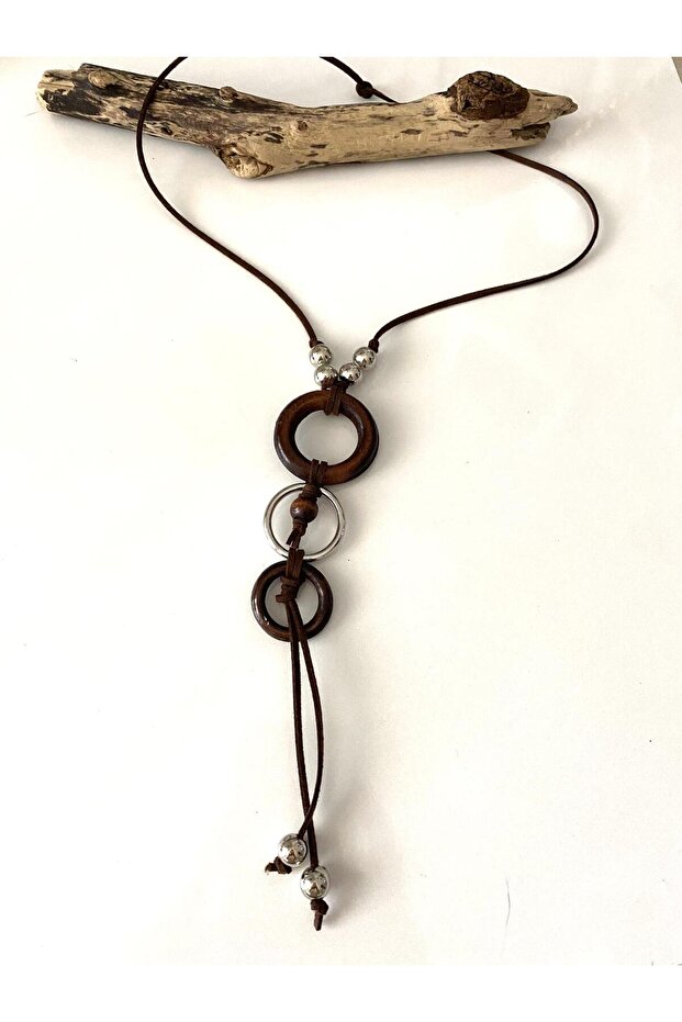 Bohemian Authentic Wood & Metal Ring Necklace Special Style