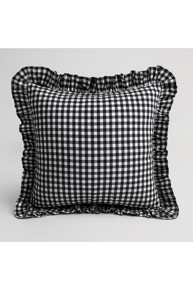 Double Gingham Pattern Ruffled Throw Pillow Cover | 2-Piece Plaid Vintage Decorative Checkered Pillow