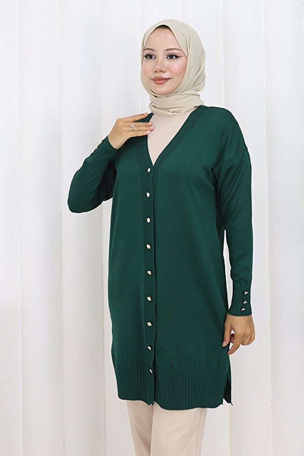 Buttoned Long Mercerized Cardigan N3176 Emerald Green
