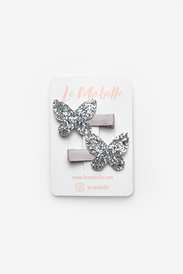 Silver Glittery Butterfly Figured 2-Piece Girl's Clip Buckle