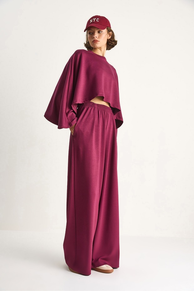 Women's Batwing Sleeve Crop Elastic Waist Pants Equivalent Modal Set