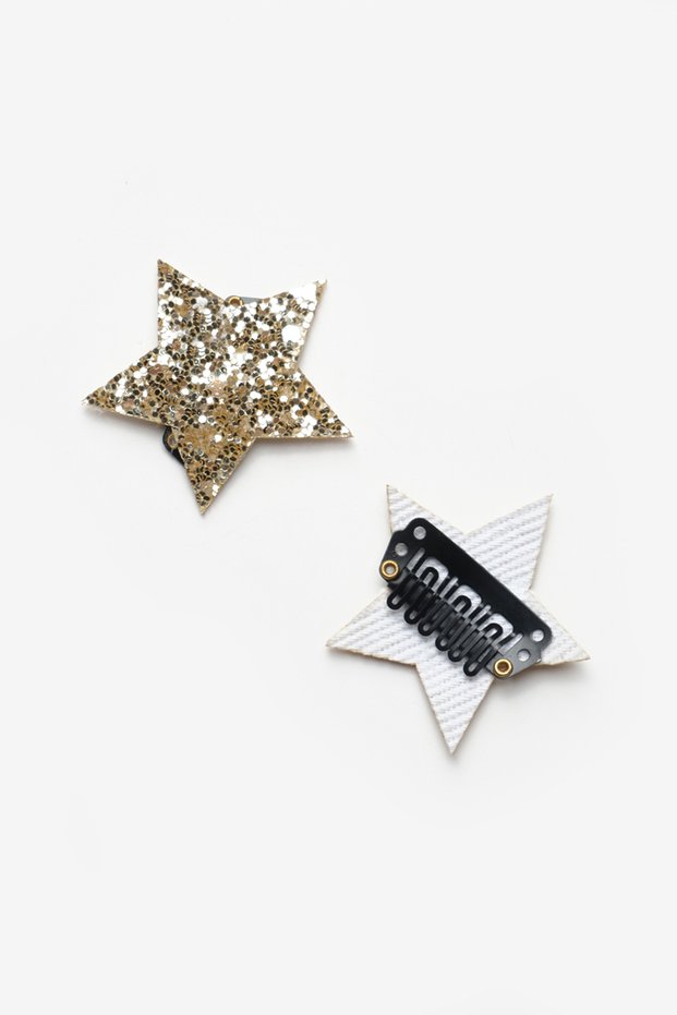Set of 2 Hairless Baby Hair Clips with Gold Glitter Star Figures