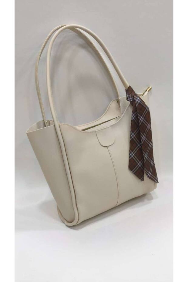 Cream Color Large Size Soft Faux Leather Women's Shoulder Bag with Shawl Detail