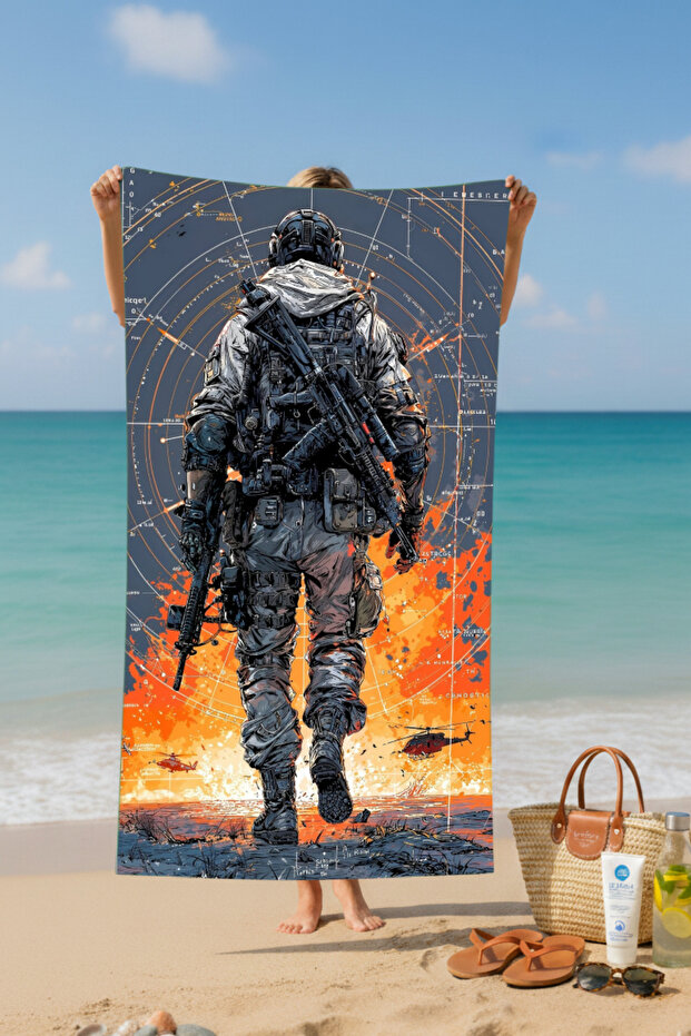 Military Themed Printed Cotton Beach Towel – Patterned Design – 75X150 cm