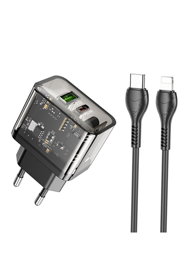 Încărcător USB, Tip-C, QC3.0, 20W + Cablu Tip-C la Lightning, 1m, Dazzling (N34), Negru Transparent - 2