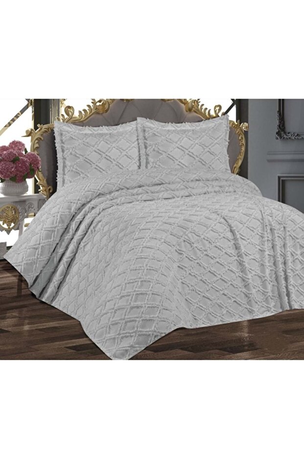 Puffy Yakut 3 Parça Çift Kişilik Yatak Örtüsü, Pike Örtüsü (250x260)-Gri - 1