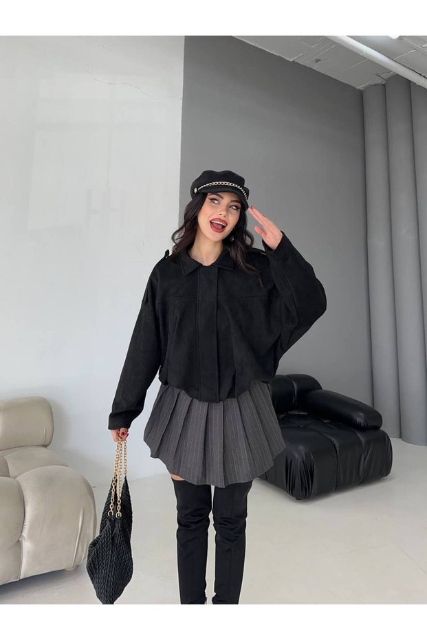 Women's Zippered Shoulder Zipper Detailed Suede Jacket Black
