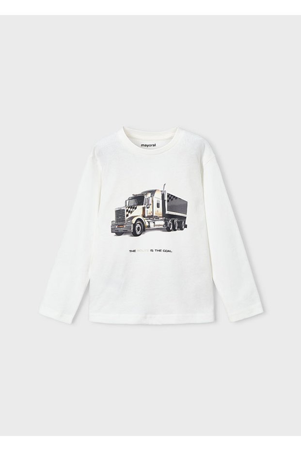 Truck Printed Cream Color Crew Neck Long Sleeve 100% Cotton Boys' T-Shirt | 4-10 Years Old