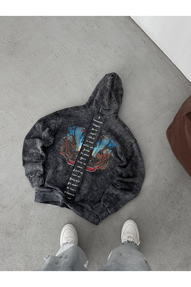 Siyah Poison Yıkamalı Kapüşonlu Sweatshirt RES-1014 - 6