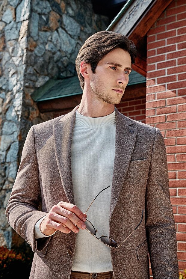 Ecru Long Sleeve Crew Neck Pocketless Slim Fit Knitwear 1012255151