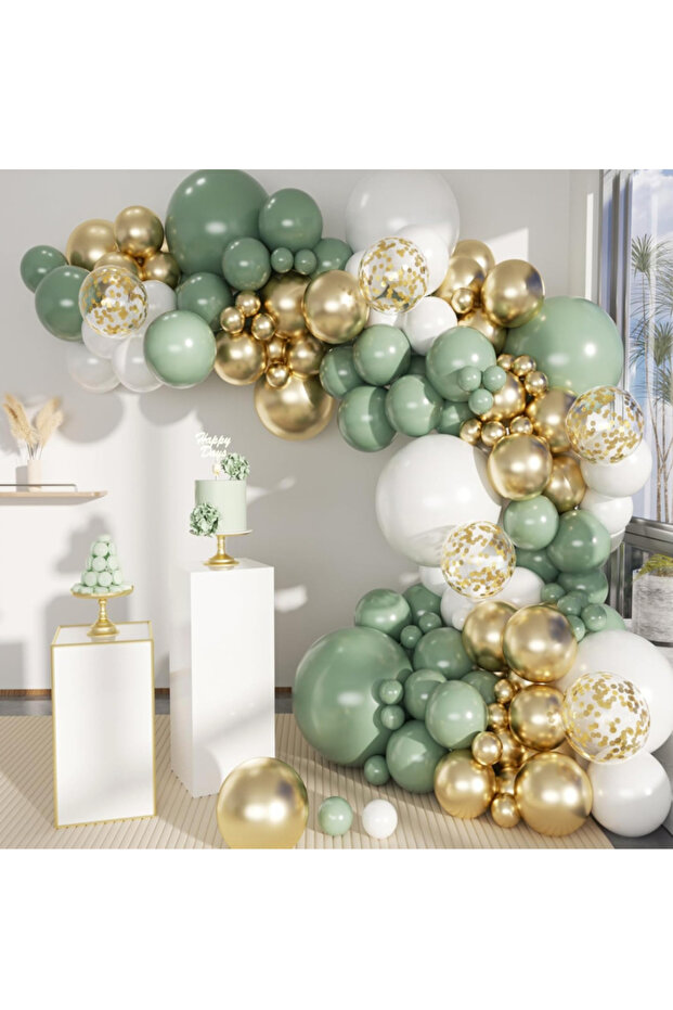 Eucalyptus Green Gold Chrome White and Transparent Sequin Balloon Chain Set with 103 Jumbo Balloons
