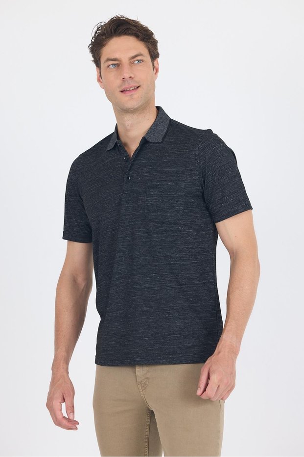 Black Short Sleeve Polo Neck Pocket Classic Standard Size T-Shirt 1011250172