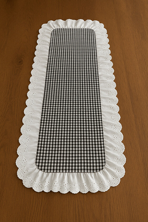 Gingham Zefir Fabric Runner with Ruffle Detail 40X110 cm Black-White