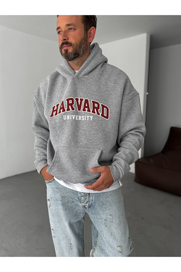Gri Harvard Baskılı Kapüşonlu Sweatshirt PM-01 - 3