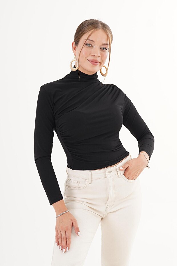 Drawstring Detailed Stand Collar Black Sandy Blouse