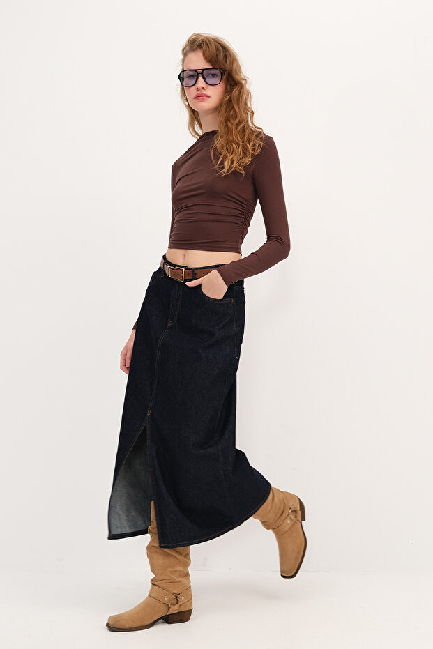Yırtmaçlı Denim Midi Etek E249 - 1