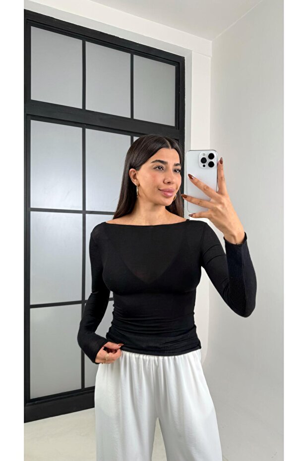 Black Boat Neck Cashmere-Equivalent Textured Sheer Blouse GAUS-00455