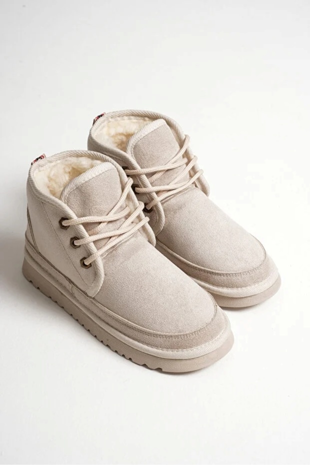 Kadın Bot Krem Rengi Süet – İçi Yünlü, İnce Tabanlı, Bağcıklı, Sıcak Tutan Heribo - 6