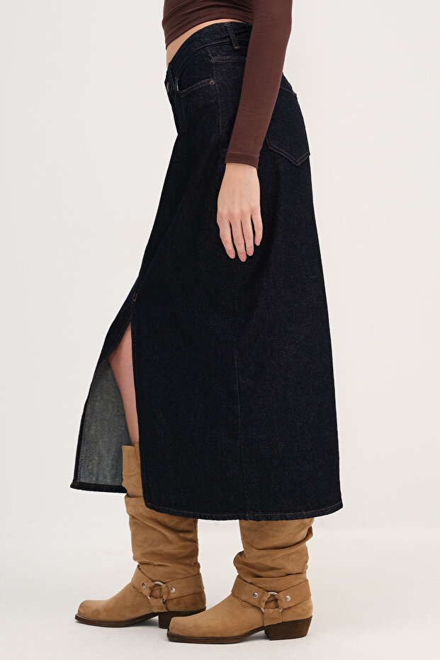 Yırtmaçlı Denim Midi Etek E249 - 4