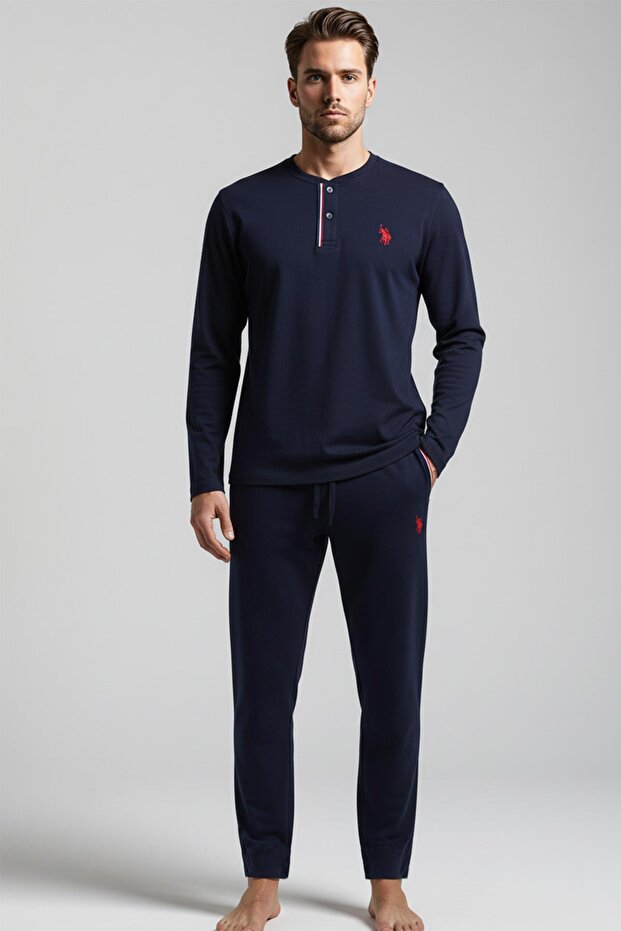 Men's Long Sleeve Navy Blue Buttoned Collar Straight Leg Pajama Set C8T5N981