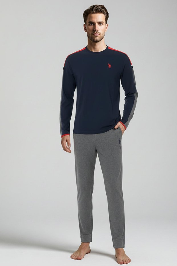 Men's Long Sleeve Navy Blue Crew Neck Stripe Detail Straight Leg Pajama Set C7T5N981