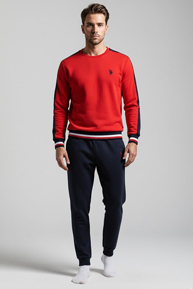 Men's Long Sleeve Red Color Stripe Detailed Elastic Leg Pajama Set C1T3N981