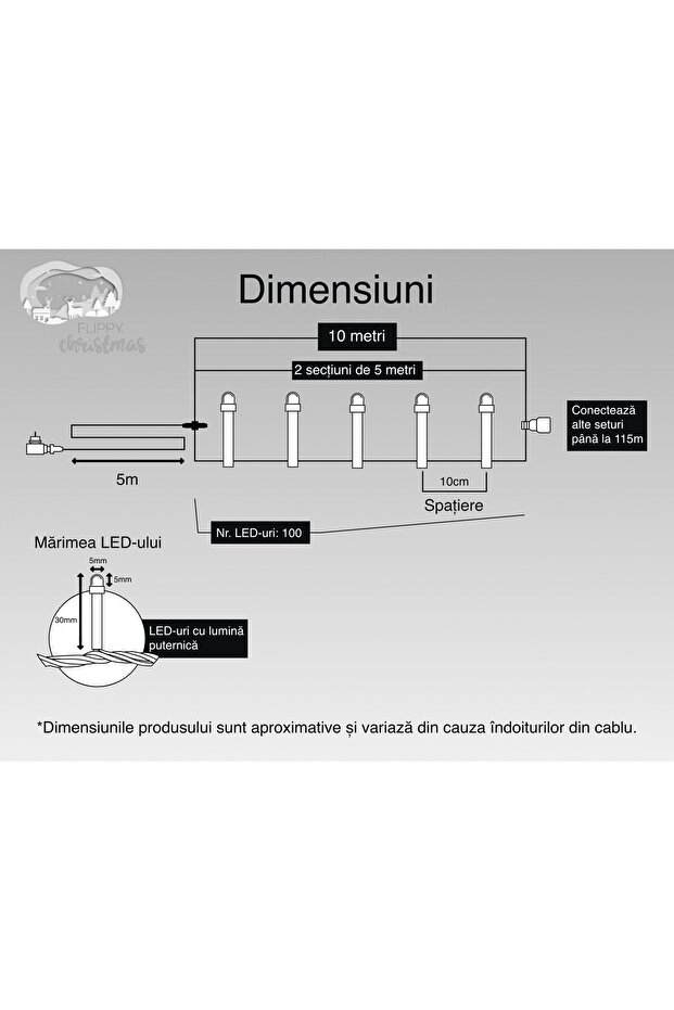 Instalație de Crăciun, 10 m, 100 LED-uri, Liniar, Alb cald, 8 moduri de iluminare, Transformator, Interconectare - 6