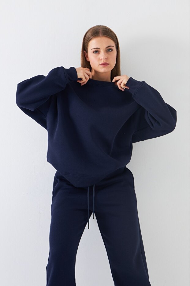Unisex Oversize Sweatshirt Basic Navy Blue – Crew Neck, 3 Thread Ribbed