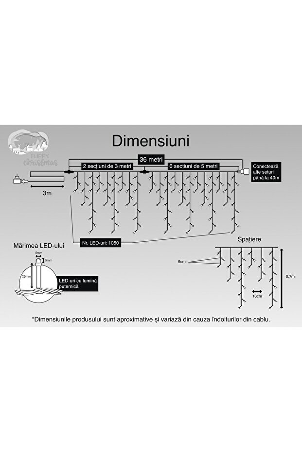 Lumini de Crăciun, 36 m, 1050 LED-uri, Țurțurț, Alb Rece, Bliț, Transformator, Interconectabil, Extender 3m - 3
