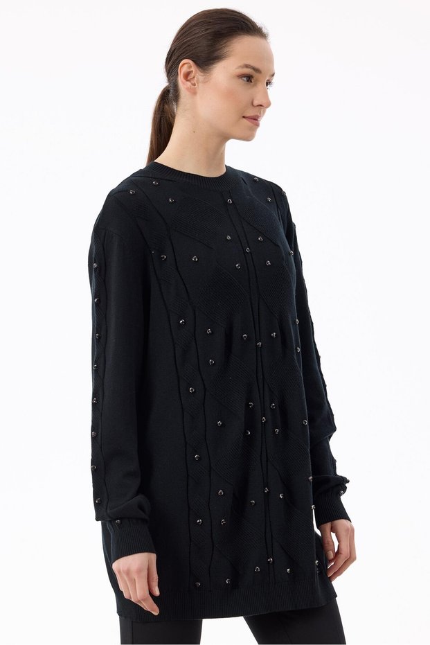 Knitted Detailed Stoned Knitwear Tunic Black