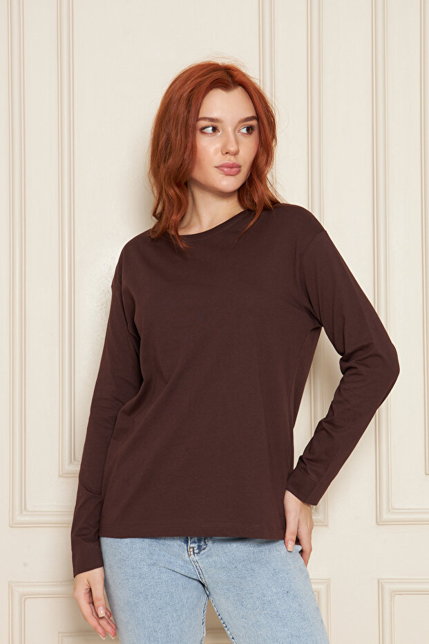 Brown 100% Cotton Soft Textured Regular Fit Relaxed Cut Long Sleeve Crew Neck Combed Cotton T-Shirt