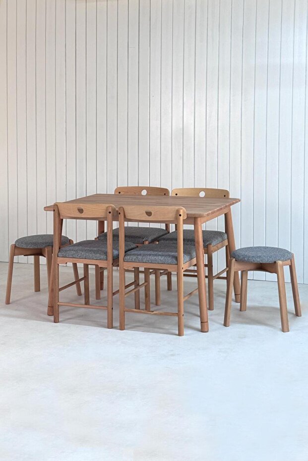 Alaçatı 6 kişilik 4 Sandalye Doğal Masif Kayın İskandinav Tarzı Retro Yemek Masa Takımı Ahşap 115x80 - 1