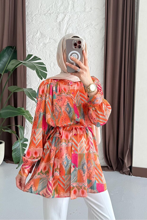 Defne İpek Gömlek Turuncu - 5