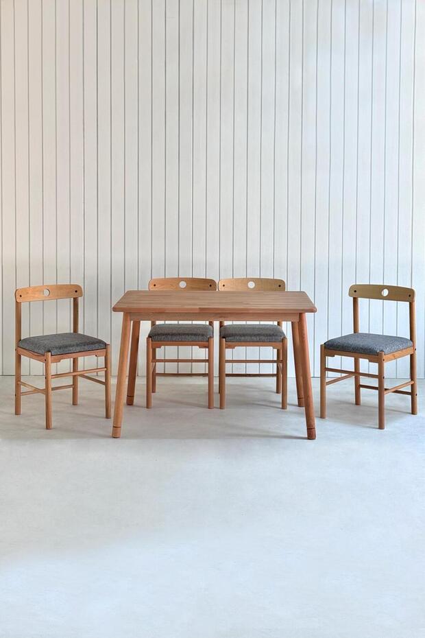 Alaçatı 6 kişilik 4 Sandalye Doğal Masif Kayın İskandinav Tarzı Retro Yemek Masa Takımı Ahşap 115x80 - 3