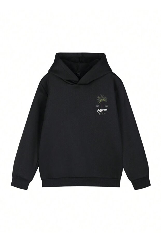 Unisex California Palm Printed Hooded Sweatshirt with Raised Stitching and 2 Threads