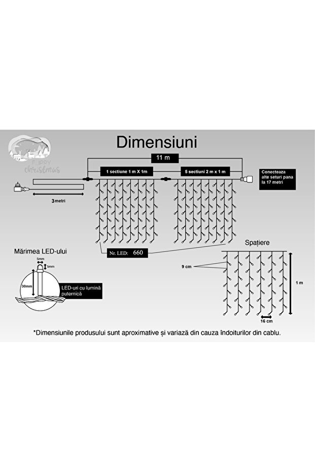 Christmas Curtain Light Fixture, IP44, 11 m x 1 m, 660 LEDs, Warm White with Flash, Transformer, Int - 7