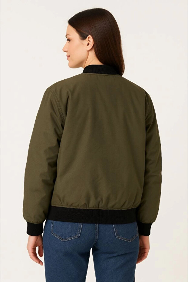 Lined Zippered Bomber Coat Jacket - Khaki - 4