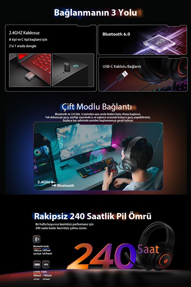 HeroaD V200 RGB 7.1 Kablosuz Gaming Oyuncu Kulaklığı 3 Modlu (BT, 2.4Ghz, Type-C) PC - PS5 - 2